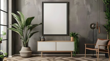Mockup frame in living room interior with chair and decor, Scandinavian style.3d rendering,  Mock up poster frame in modern interior fully furnished rooms background, living room