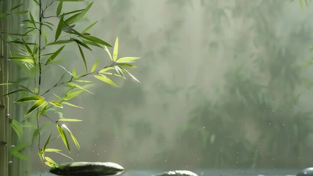 Serene 3D animation of a minimalist zen garden with bamboo, rocks, and water, promoting well-being, health, and balance