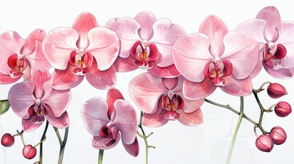 A row of pink orchids painted in watercolor.