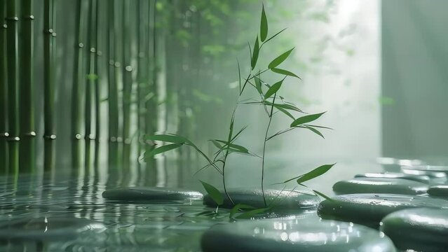 Serene 3D animation of a minimalist zen garden with bamboo, rocks, and water, promoting well-being, health, and balance