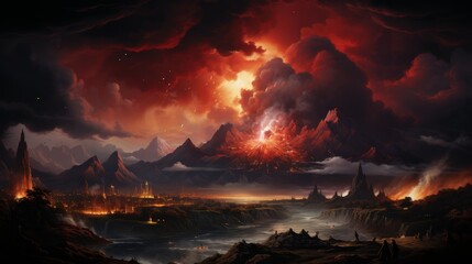 A volcano erupts in the distance, casting a red glow over the sky and lighting up the landscape.