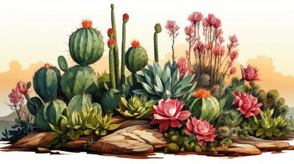 A painting of cacti and other desert plants with pink flowers in the foreground and a mountainous landscape in the background.