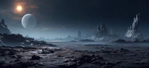 Otherworldly Landscape with Towering Peaks and Glowing Moon