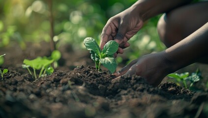 Planting young seedlings or seeds in soil by hand in the garden