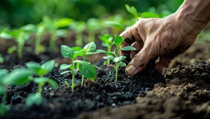 Planting young seedlings or seeds in soil by hand in the garden