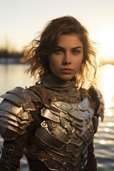 Warrior Woman in Armor at Sunset