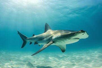 Obraz premium hammerhead shark swimming in the deep blue.