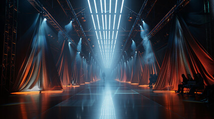 Avant-garde Italian lighting rigs casting dynamic light on a high-fashion runway.