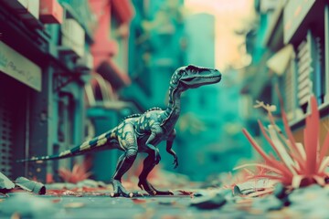 A dinosaur is standing on a sidewalk in front of a building