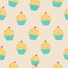 Seamless pattern of vanilla cupcakes crowned with vibrant sprinkles, Generative AI