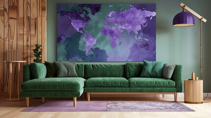 Cyan and purple digital map poster, designed for a living space with a green sofa.