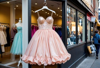 Fototapeta premium A bubble dress is showcased in a store window, enticing shoppers with its unique and stylish design