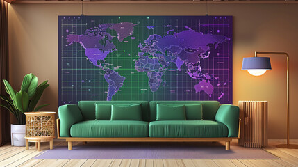 Abstract world map poster in purple shades, ideal for a room with a green sofa.