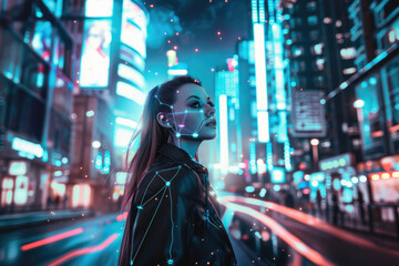 A young woman with cybernetic enhancements, standing in a futuristic city