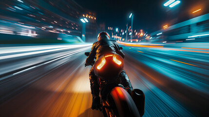 rider athlete ride motorcycle motorbike at high and fast speed engine in track with track blur motion background at night in race competition from rider view