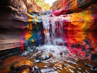 Vibrant Waterfall Cascading Through Colorful Rocks