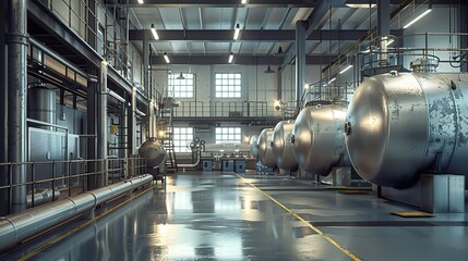 Interior of modern industrial boiler room with large metal tanks and pipes at industry factory. copy space for text. - obrazy, fototapety, plakaty