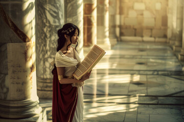 A young woman in ancient Roman attire, holding a scroll in a marble courtyard - obrazy, fototapety, plakaty