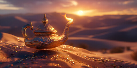 genie magic lamp on desert sand