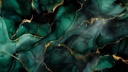 Abstract emerald green and black marble background with golden veins