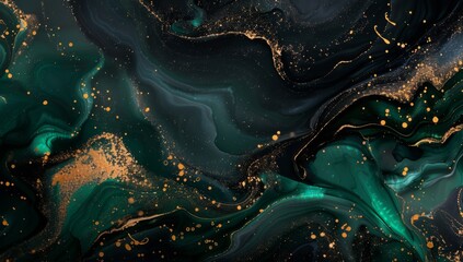 Abstract emerald green and black marble background with golden veins