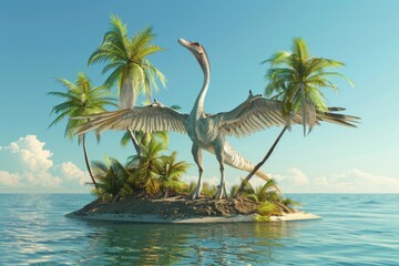 Obraz premium A large bird is standing on a small island in the middle of the ocean