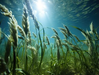 Fototapeta na wymiar Underwater view of lush green grass and plants