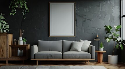 Japanese interior design of modern living room, home. Mid-century sofa near wooden cabinet against dark wall with poster, frame. copy space for text.
