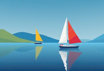 A serene seascape unfolds, with a sailboat gracefully navigating the tranquil blue waters