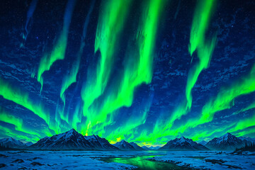 Northern Lights, beautiful colors and landscape with mountains