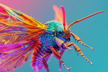 A colorful insect with a colorful body and a black head