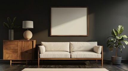 Japanese interior design of modern living room, home. Mid-century sofa near wooden cabinet against dark wall with poster, frame. copy space for text.