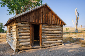 A log cabin on the Ewing-Snell ranch in the Bighorn Canyon National Recreation Area in Montana