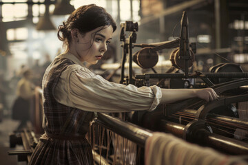 A young woman in work attire, operating a textile loom in a bustling factory