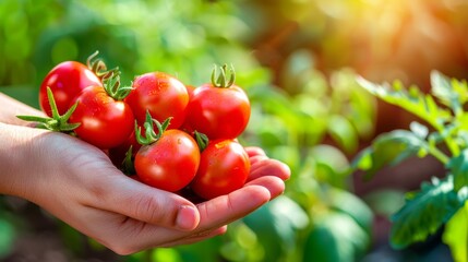 Farm worker picking fresh, ripe red tomatoes in a sun-drenched garden during harvest season