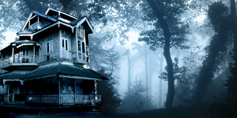 Horizontal Halloween banner with haunted house. Old abandoned house in the night forest. Scary colonial cottage in mysterious forestland. Photo toned in blue color