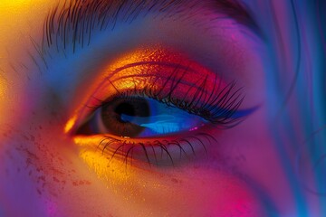 A woman's eye is highlighted with a bright orange and purple eye shadow
