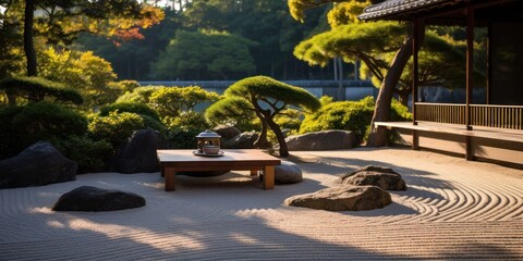 Tranquil Japanese garden with raked sand and bonsai trees - obrazy, fototapety, plakaty
