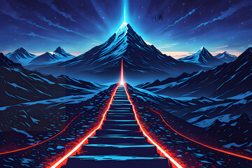 Blue light paints the mountain peaks as the sun rises over the landscape  ,path leading to success concept