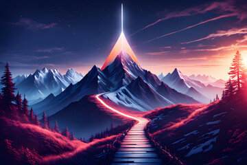 Blue light paints the mountain peaks as the sun rises over the landscape  ,path leading to success concept