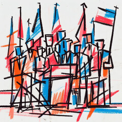 Vibrant minimalistic urban building sketch created with a child's imagination using pastel sticks