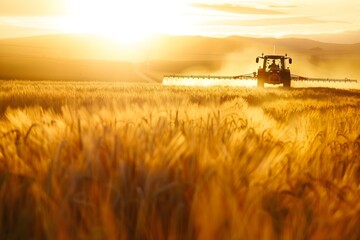 Fototapeta premium Sunset view of tractor spraying crops in a field. Concept Sunset view, Tractor, Spraying crops, Field, Agriculture