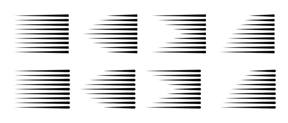 Set of different shape speed lines. Fast motion effect. Black horizontal action lines. Vector Illustration