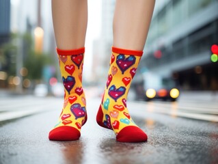 Colorful heart-patterned socks on city street