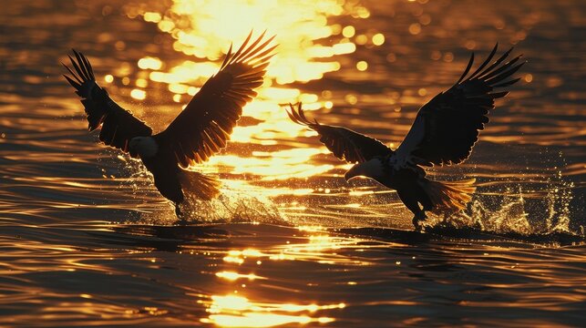 Two eagles are flying over the water, one of which is diving into the water