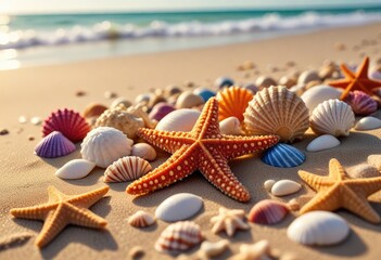 Fototapeta na wymiar Embrace the marine life concept with starfish and seashells scattered on a sandy beach