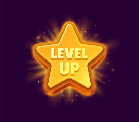 Level up rank, game reward star rate icon. Isolated cartoon vector golden badge, award ui medal, shiny rank achievement. Rating bonus star, winner or champion tournament appreciation interface element