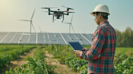 A man in a natural landscape holds a tablet while a drone hovers in the sky above a grassland with windmills and plants. AIG41
