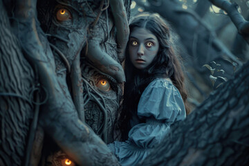 A young woman in ethereal forest attire, standing among ancient trees with glowing eyes