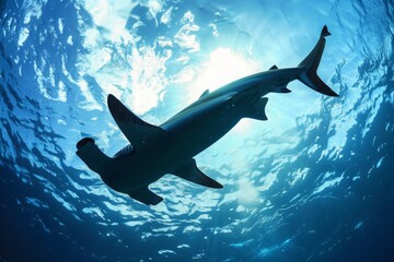 hammerhead shark swimming in the deep blue.